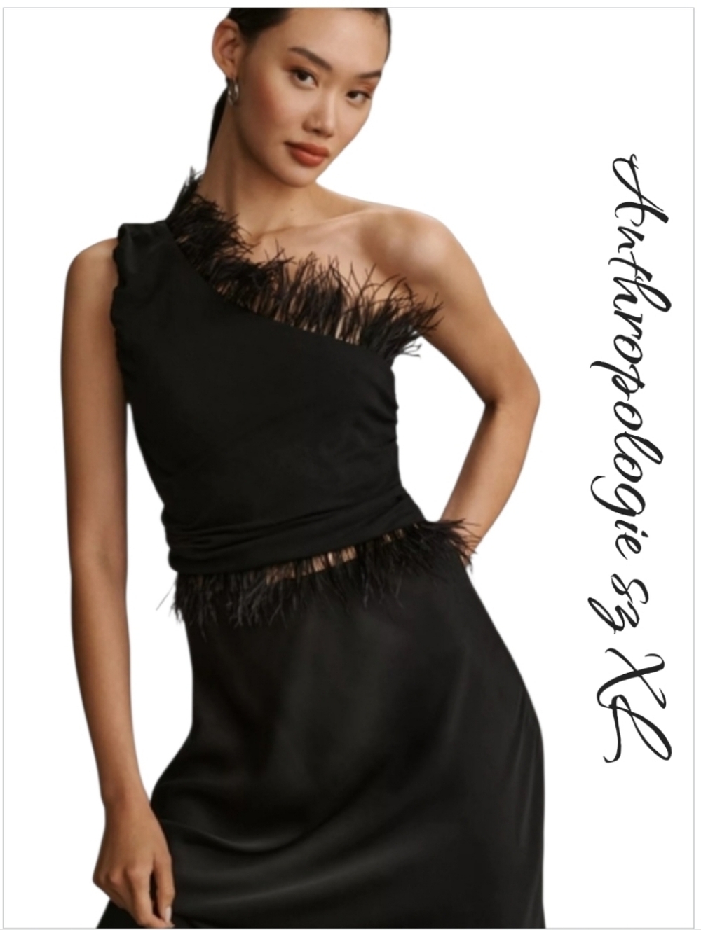 NWT Anthropologie Black Feathered One-Shoulder Ruched Crop Top XL